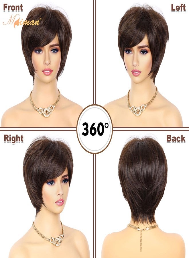 MIMAN Short Brown Pixie Cut Wigs with Bangs Synthetic Hair Wig for Women Party Halloween Costume Cosplay Wigs 4A Natural Layered Hair Wig - Image 2